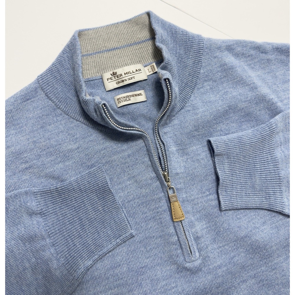 Peter Millar Crown Soft Mens 1/4 Zip Merino Wool Silk Pullover Sweater Sz L Blue